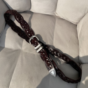 皮轩阁手工编织头层牛皮腰带西部牛仔风男士 窄皮带真皮古银色针扣