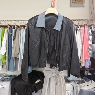 韩版 显瘦减龄街头pu皮夹克外套 复古翻领拼接小个子皮衣女2026春款