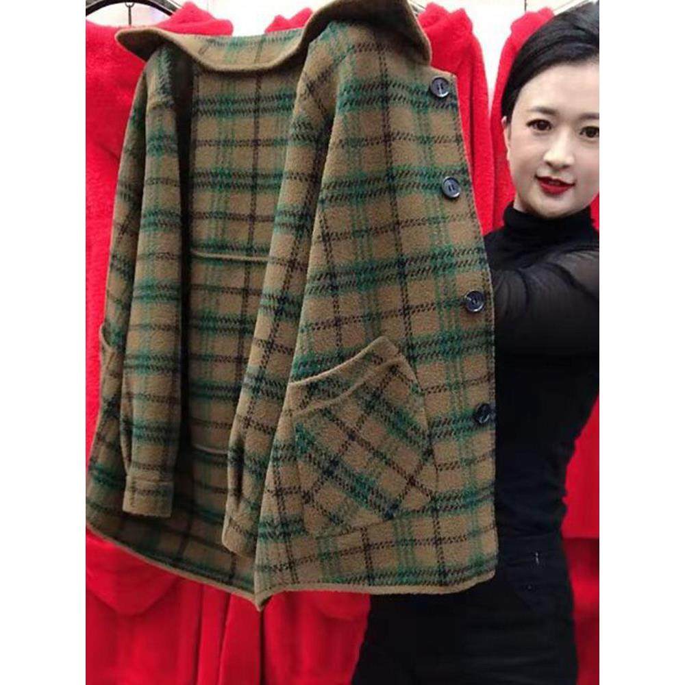 妈妈装秋冬双面呢宽松外套女秋冬中老年洋气格子大衣毛呢加厚开衫