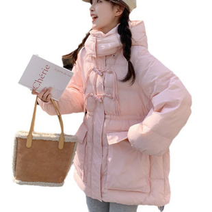 粉色牛角扣羽绒服女短款冬季新款韩版时尚加厚收腰白鸭绒外套定制