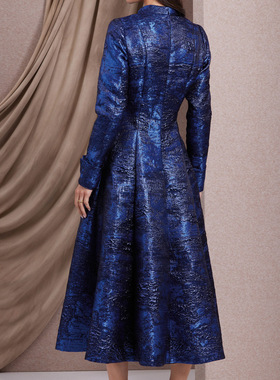 藏蓝色提花长袖A摆连衣裙春秋欧美优雅精致定制做 tailor dresses
