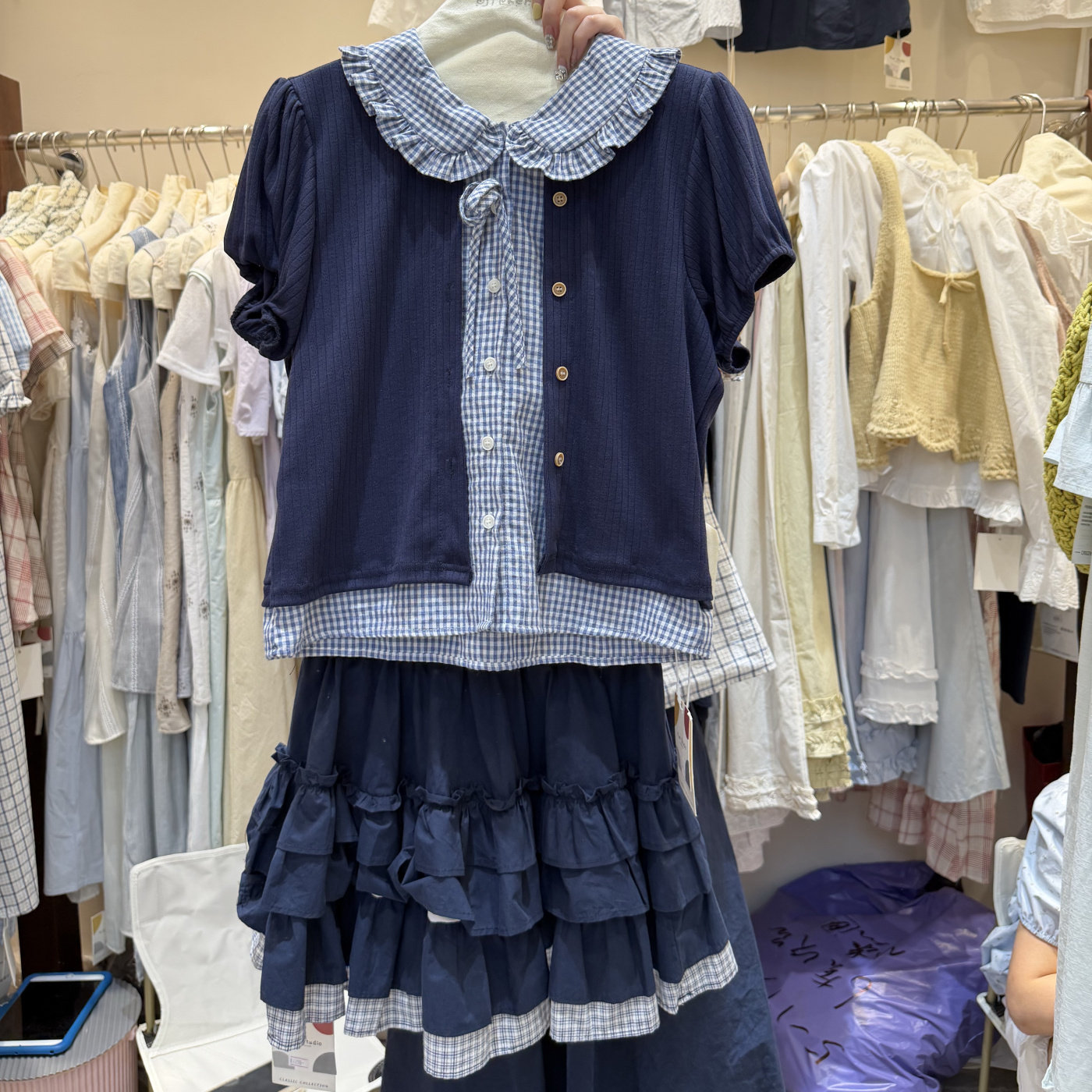春夏学院风藏青格子娃娃领两件套