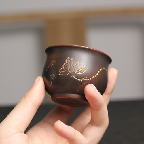上品壶坭兴陶广西钦州特产茶杯纯手工制作线刻圆口梅兰竹菊杯茶具