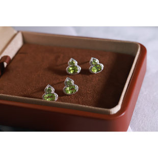 天然橄榄石葫芦招C转~YUN水晶切面彩宝葫芦耳钉 S925银镶嵌