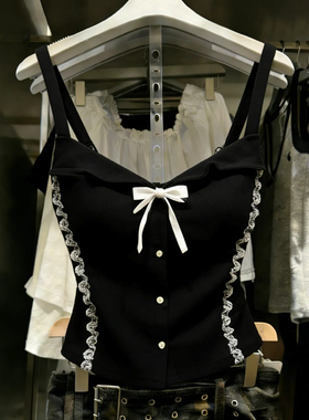 十三行一线大牌！蕾丝花边蝴蝶结绑带吊带背心女修身外穿百搭上衣