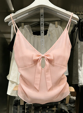 十三行一线大牌！蝴蝶结粉色镂空吊带背心女夏季纯欲性感V领上衣
