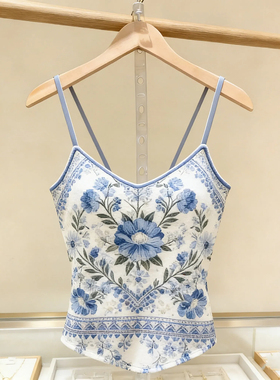 十三行一线大牌！细肩带花卉印花吊带背心女修身中式显瘦短款上衣