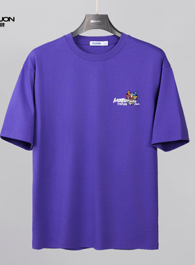 DISDUON国潮醒狮潮流美式高街时尚紫色宽松圆领短袖T恤DDB023145