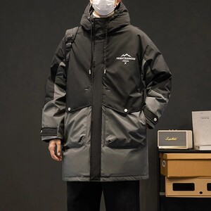 GM冬季国潮中长款羽绒服男2023加肥加大码连帽拼接撞色工装派克服