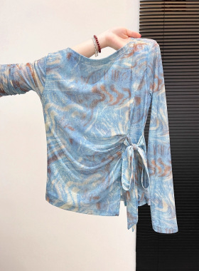 蓝色晕染侧边绑带收腰长袖防晒t恤女2025秋季新款空调衫慵懒上衣