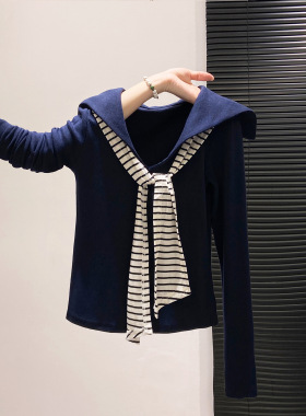 藏青色海军领长袖T恤女2025春秋季新款条纹领带拼接体恤显瘦上衣