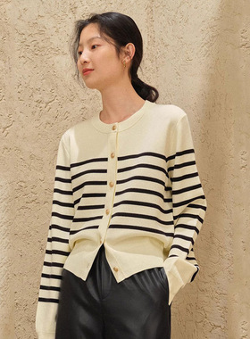 简约撞色条纹针织开衫女2026春季新款休闲复古圆领百搭开衫外套