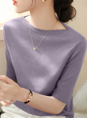 夏季法式洋气中袖显瘦针织衫新款一字肩领五分袖修身内搭打底上衣