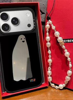 联名幽灵黑色小鬼适用iphone16promax手机壳苹果17pro保护套15可爱卡通13pro磁吸镜面14亚克力女款全包