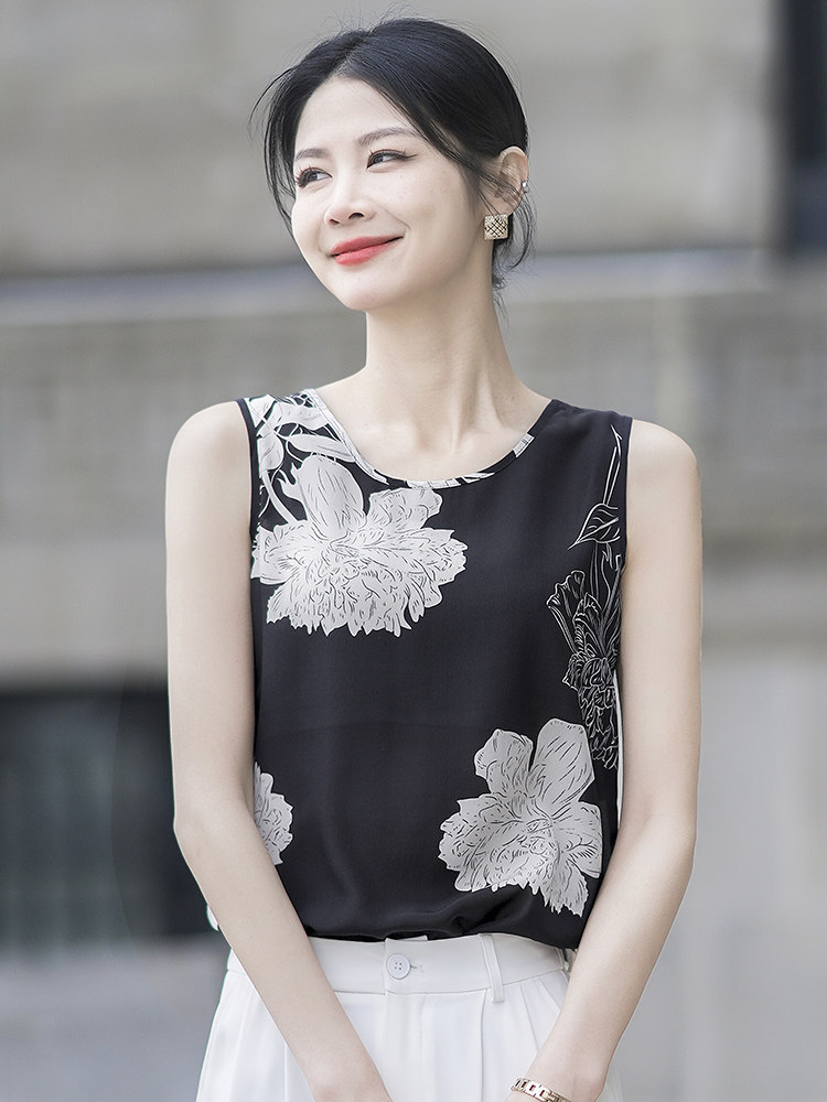 印花蚕桑丝吊带背心女宽松中长款真丝上装