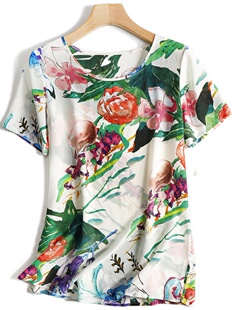 印花蚕桑丝短袖T恤衫女宽松中长款大码外穿百搭休闲真丝上衣夏