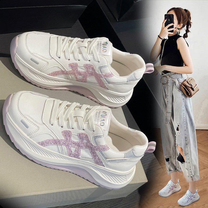 牛皮网面透气老爹鞋女2025秋季新款厚底增高运动鞋轻便休闲阿甘鞋