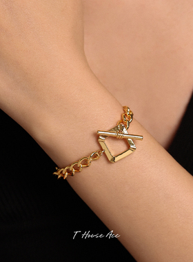 不怕水镀18k金手链女ins小众设计感方形OT扣裸链手饰古巴链欧美风