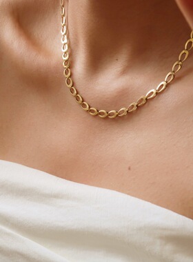 不怕水钛钢镀k金镂空椭圆拼接项链设计款素链锁骨链choker高级感