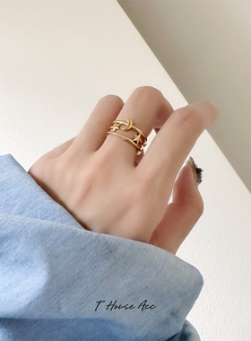 不怕水星星月亮镂空三层宽版戒指小众个性钛钢开口可调食指环戒子