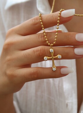 保色镀18K金镶钻十字架项链欧美ins爆款毛衣链中长链条闪钻男女