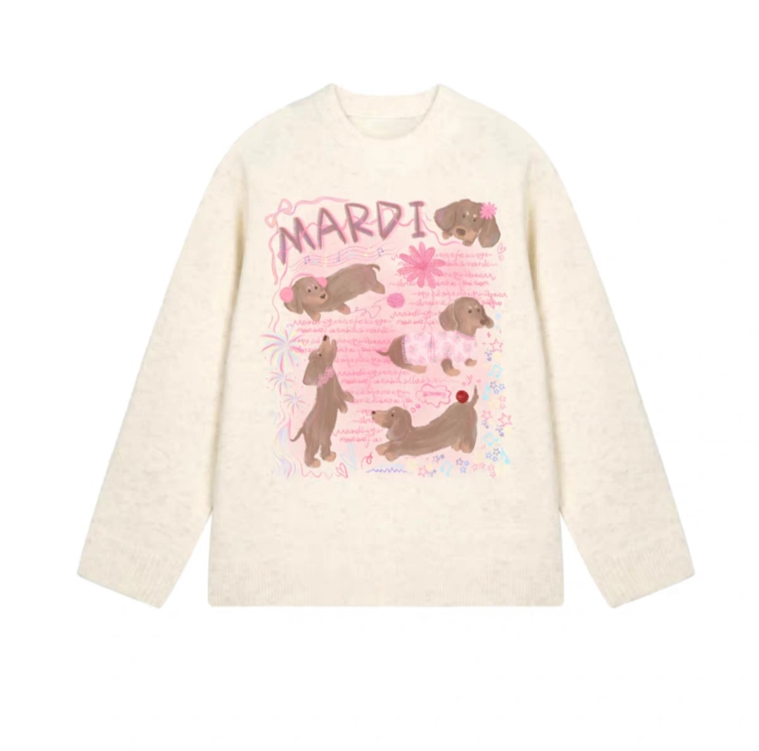 Mardi韩版25秋冬季新款宽松休闲保暖毛衣卡通圆领甜美粉小狗上衣