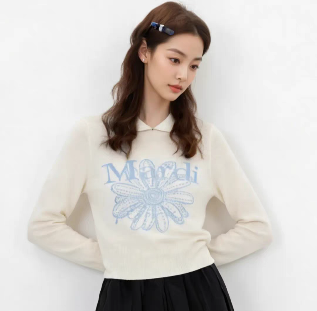 Mardi韩系25秋冬新款保暖娃娃领毛衣潮流韩版提花经典雏菊针织衫
