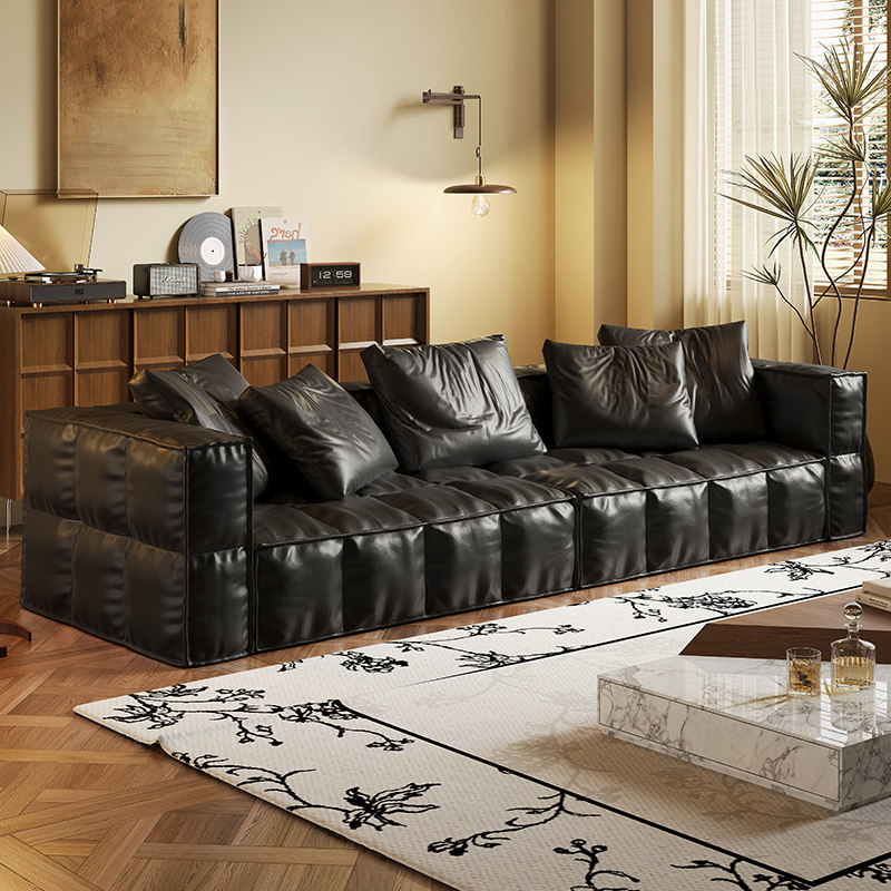 意式极简真皮沙发头层牛皮高档设计师复古直排黑色豆腐块方块组合
