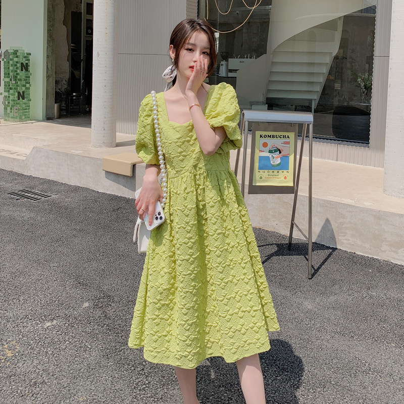 绿色泡泡袖蓬蓬连衣裙女夏2023年新款压皱法式复古少女感小众裙子,女装连衣裙,浙宝288（原255）