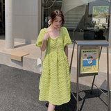 255-2213-P110控158压皱法式泡泡袖方领绿色连衣裙，女装连衣裙，浙宝288（原255）