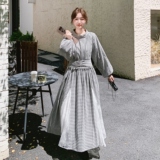 黑白格子掐腰设计感灯笼袖连衣裙女秋季新款韩系减龄蕾丝长裙，女装连衣裙，浙宝288（原255）