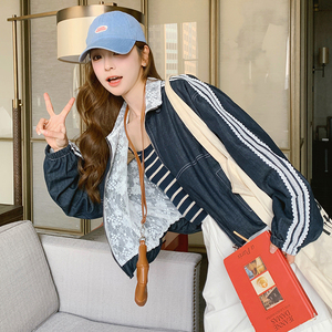 深蓝色设计感运动风牛仔外套女2025春季新款蕾丝拼接条纹休闲夹克图片