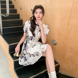 新中式国风甜美印花连衣裙女2025夏季新款收腰显瘦减龄泡泡袖短裙，女装连衣裙，浙宝288（原255）