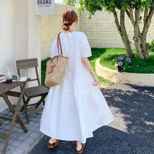 韩系宽松白色泡泡袖甜美桔梗裙女夏新款温柔休闲法式小个子连衣裙图片