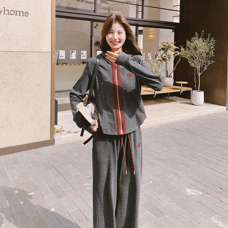 灰色休闲运动套装女秋2025新款韩版连帽开衫卫衣阔腿拖地裤两件套，女装运动套装，浙宝288（原255）