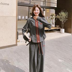 灰色休闲运动套装女秋2025新款韩版连帽开衫卫衣阔腿拖地裤两件套,女装运动套装,浙宝288（原255）