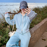 蓝色蕾丝拼接连帽减龄卫衣女2025年春季新款休闲阔腿裤，女装运动套装，浙宝288（原255）