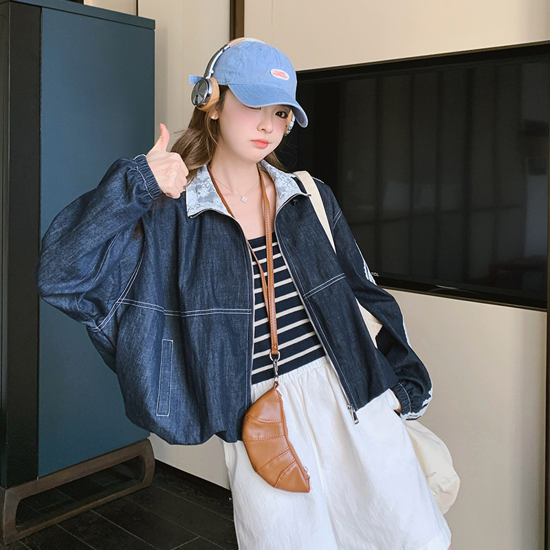 深蓝色设计感运动风牛仔外套女2025春季新款蕾丝拼接条纹休闲夹克,女装短外套,浙宝288（原255）