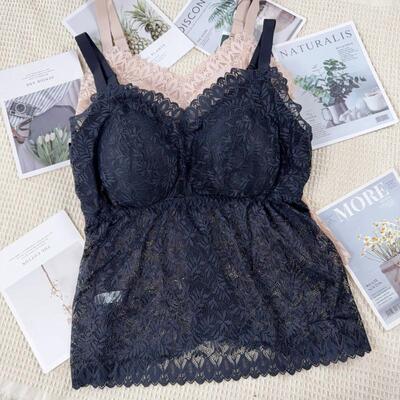 2025春夏胖mm大码蕾丝打底美背女带胸垫一体免穿文胸薄款吊带背心