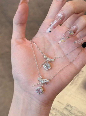 粉钻方糖蝴蝶结项链女轻奢高级感