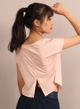 开叉大码速干T恤女网眼运动短袖宽松罩衫健身衣半截袖瑜伽服上衣