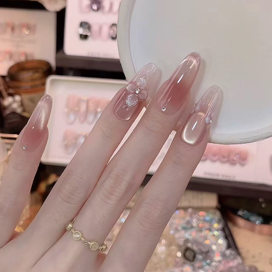 秋冬裸色冰透猫眼美甲穿戴甲2025新款高级感手绘冰花显白指甲贴片