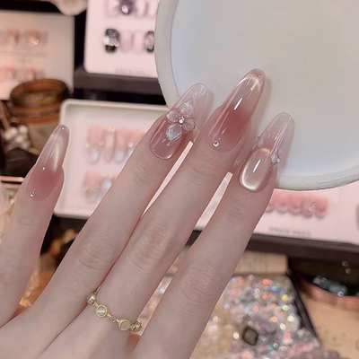 秋冬裸色冰透猫眼美甲穿戴甲2025新款高级感手绘冰花显白指甲贴片