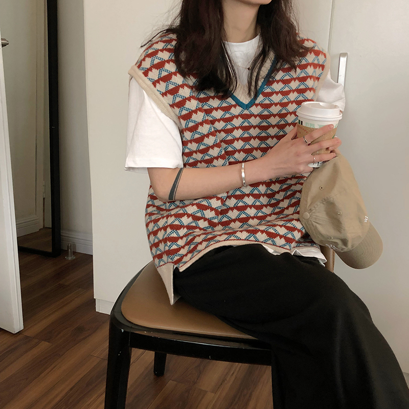 littledry不油自制复古V领双面提花毛衣女 短款针织马甲2019早春