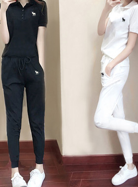 polo夏装2022新款女套装纯棉休闲运动服女跑步两件套短袖小脚长裤