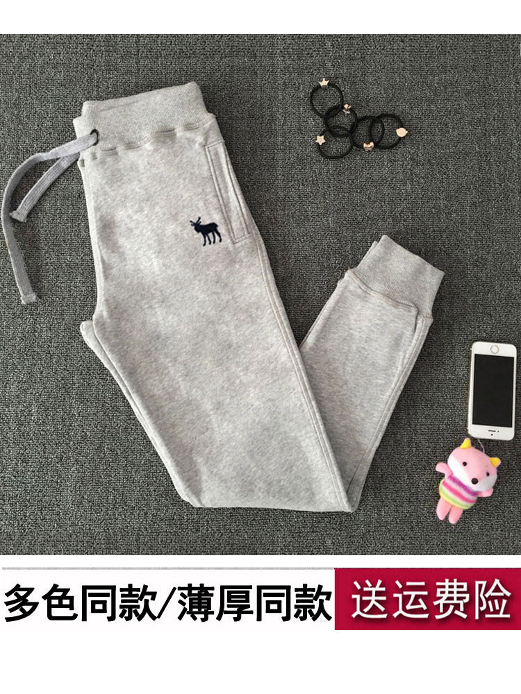 纯棉夏季 运动裤女春夏 休闲卫裤宽松浅灰色薄款束脚长裤白色裤子
