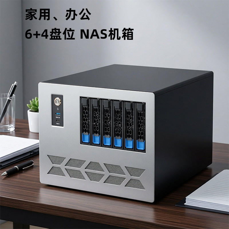 NAS机箱6+4盘热插拔ITX双电源飞牛家用办公桌面存储水冷服务器