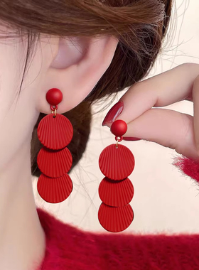 美美子红色圆片耳环新年红色耳饰