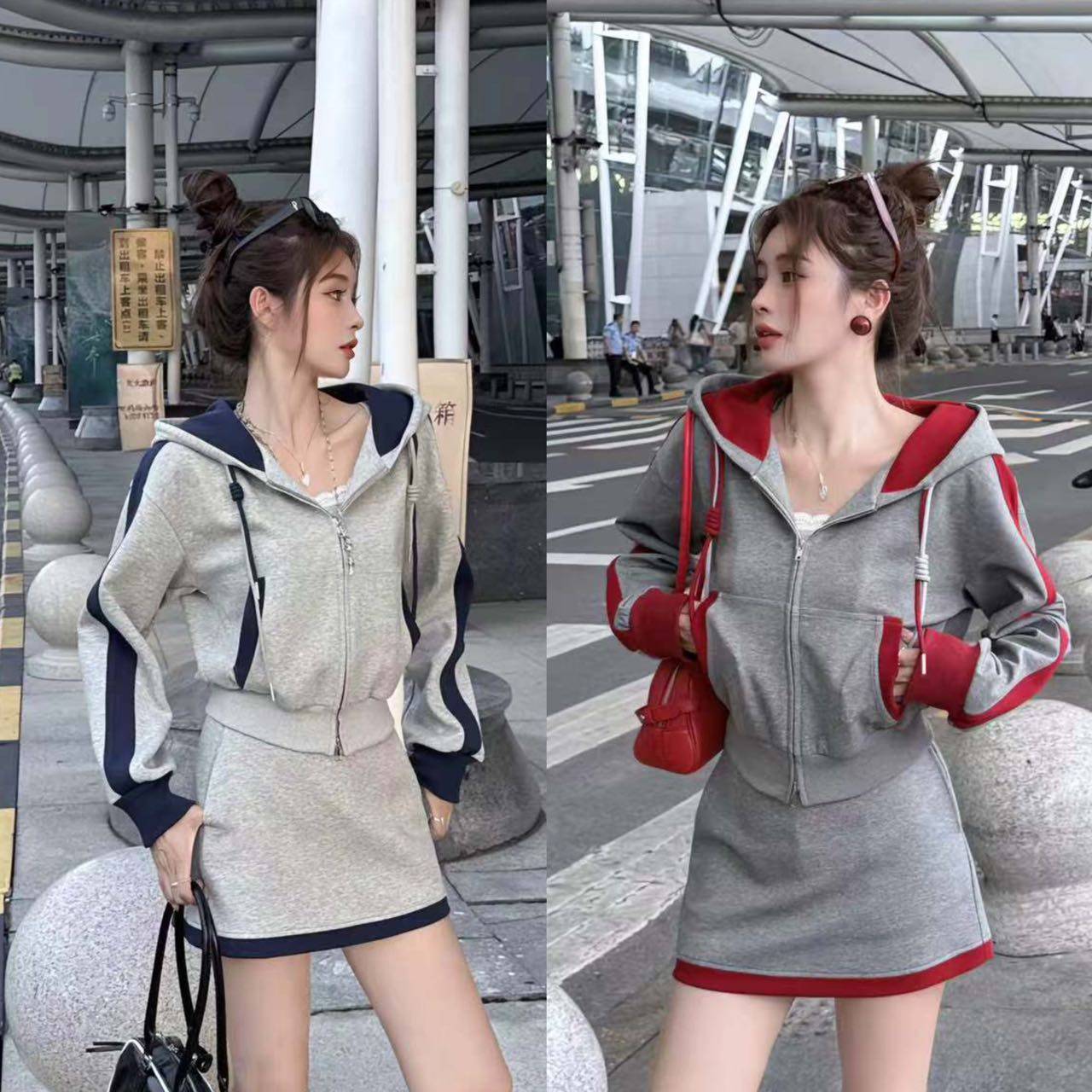 2025秋季新款韩版休闲显瘦减龄高腰短裙套装女连帽卫衣运动两件套