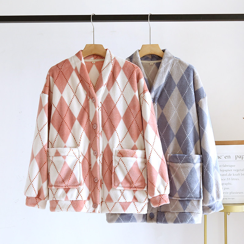 일본 단순 격자 무늬 산호 벨벳 파자마 탑 여성 싱글 가디건 남성 플란넬 따뜻한 커플 가정복